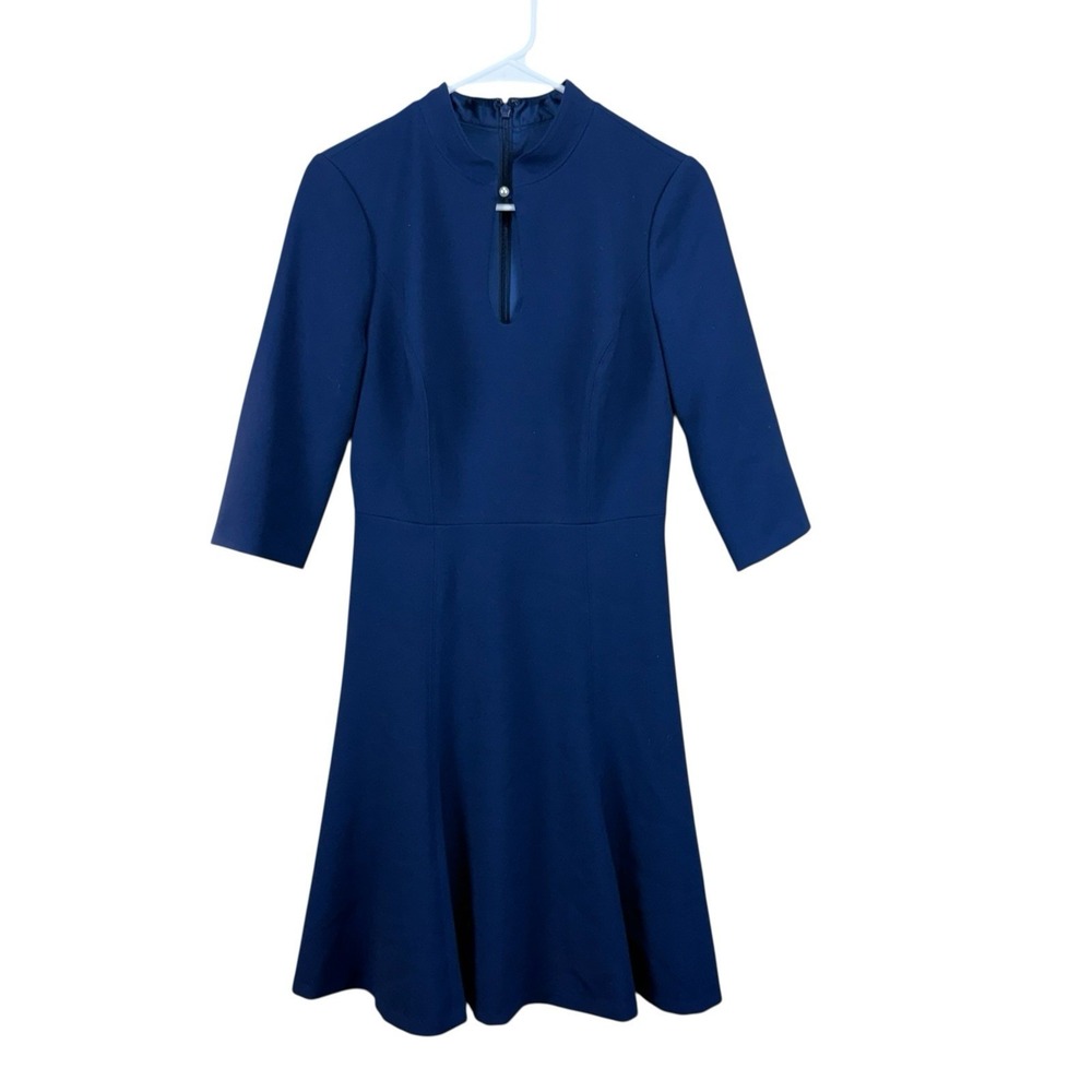 White House Black Market Dress 2 Navy Blue Pearl Keyhole Fit Flare 1/2 Sleeve